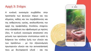 ΚΥΚΛΙΚΟΊ
ΔΗΜΙΟΥΡΓΟΊ
CIRCULAR
CREATIVES
Η κυκλική οικονομία συμβάλλει στην
προστασία των φυσικών πόρων και του
κλίματος, καθώς και του περιβάλλοντος και
της ανθρώπινης υγείας, ακολουθώντας την
αρχή της προφύλαξης. Επιπλέον, στοχεύει
στην εξασφάλιση του εφοδιασμού με πρώτες
ύλες. Η κυκλική οικονομία αποσκοπεί στη
μείωση των αρνητικών επιπτώσεων κατά τη
διάρκεια του κύκλου ζωής των υλικών και
των προϊόντων - με την εξοικονόμηση
πρωτογενών υλικών και την αντικατάστασή
τους με δευτερογενή υλικά - και της
Αρχή 3: Στόχοι
 