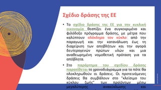 ΚΥΚΛΙΚΟΊ
ΔΗΜΙΟΥΡΓΟΊ
CIRCULAR
CREATIVES
• Το σχέδιο δράσης της ΕΕ για την κυκλική
οικονομία θεσπίζει ένα συγκεκριμένο και
φιλόδοξο πρόγραμμα δράσης, με μέτρα που
καλύπτουν ολόκληρο τον κύκλο: από την
παραγωγή και την κατανάλωση έως τη
διαχείριση των αποβλήτων και την αγορά
δευτερογενών πρώτων υλών και μια
αναθεωρημένη νομοθετική πρόταση για τα
απόβλητα.
• Στο παράρτημα του σχεδίου δράσης
παρατίθεται το χρονοδιάγραμμα για το πότε θα
ολοκληρωθούν οι δράσεις. Οι προτεινόμενες
δράσεις θα συμβάλουν στο "κλείσιμο του
κύκλου ζωής" των προϊόντων μέσω
μεγαλύτερης ανακύκλωσης και
Σχέδιο δράσης της ΕΕ
 