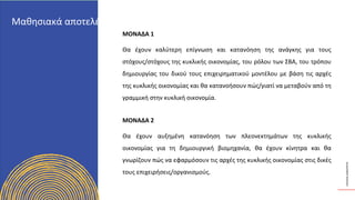ΚΥΚΛΙΚΟΊ
ΔΗΜΙΟΥΡΓΟΊ
ΜΟΝΑΔΑ 1
Θα έχουν καλύτερη επίγνωση και κατανόηση της ανάγκης για τους
στόχους/στόχους της κυκλικής οικονομίας, του ρόλου των ΣΒΑ, του τρόπου
δημιουργίας του δικού τους επιχειρηματικού μοντέλου με βάση τις αρχές
της κυκλικής οικονομίας και θα κατανοήσουν πώς/γιατί να μεταβούν από τη
γραμμική στην κυκλική οικονομία.
ΜΟΝΑΔΑ 2
Θα έχουν αυξημένη κατανόηση των πλεονεκτημάτων της κυκλικής
οικονομίας για τη δημιουργική βιομηχανία, θα έχουν κίνητρα και θα
γνωρίζουν πώς να εφαρμόσουν τις αρχές της κυκλικής οικονομίας στις δικές
τους επιχειρήσεις/οργανισμούς.
Μαθησιακά αποτελέσματα
 