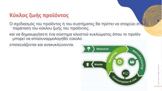 Κ
Υ
Κ
Λ
Ι
Κ
Ο
Ί
Δ
Η
Μ
Ι
Ο
Υ
Ρ
Γ
Ο
Ί
Ο σχεδιασμός του προϊόντος ή του συστήματος θα πρέπει να στοχεύει στην
παράταση του κύκλου ζωής του προϊόντος.
και να δημιουργήσετε ένα σύστημα κλειστού κυκλώματος όπου το προϊόν
μπορεί να αποσυναρμολογηθεί εύκολα,
επισκευάζονται και ανακυκλώνονται.
Κύκλος ζωής προϊόντος
 