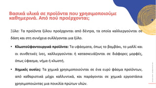 Κ
Υ
Κ
Λ
Ι
Κ
Ο
Ί
Δ
Η
Μ
Ι
Ο
Υ
Ρ
Γ
Ο
Ί
Βασικά υλικά σε προϊόντα που χρησιμοποιούμε
καθημερινά. Από πού προέρχονται;
Ξύλο: Τα προϊόντα ξύλου προέρχονται από δέντρα, τα οποία καλλιεργούνται σε
δάση και στη συνέχεια συλλέγονται για ξύλο.
• Κλωστοϋφαντουργικά προϊόντα: Τα υφάσματα, όπως το βαμβάκι, το μαλλί και
οι συνθετικές ίνες, καλλιεργούνται ή κατασκευάζονται σε διάφορες μορφές,
όπως ύφασμα, νήμα ή κλωστή.
• Χημικές ουσίες: Τα χημικά χρησιμοποιούνται σε ένα ευρύ φάσμα προϊόντων,
από καθαριστικά μέχρι καλλυντικά, και παράγονται σε χημικά εργοστάσια
χρησιμοποιώντας μια ποικιλία πρώτων υλών.
 