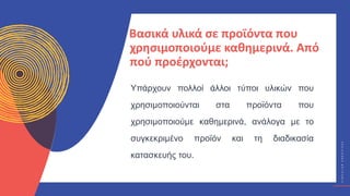 Κ
Υ
Κ
Λ
Ι
Κ
Ο
Ί
Δ
Η
Μ
Ι
Ο
Υ
Ρ
Γ
Ο
Ί
C
I
R
C
U
L
A
R
C
R
E
A
T
I
V
E
S
Βασικά υλικά σε προϊόντα που
χρησιμοποιούμε καθημερινά. Από
πού προέρχονται;
Υπάρχουν πολλοί άλλοι τύποι υλικών που
χρησιμοποιούνται στα προϊόντα που
χρησιμοποιούμε καθημερινά, ανάλογα με το
συγκεκριμένο προϊόν και τη διαδικασία
κατασκευής του.
 