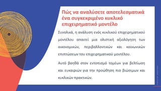 Κ
Υ
Κ
Λ
Ι
Κ
Ο
Ί
Δ
Η
Μ
Ι
Ο
Υ
Ρ
Γ
Ο
Ί
C
I
R
C
U
L
A
R
C
R
E
A
T
I
V
E
S
Πώς να αναλύσετε αποτελεσματικά
ένα συγκεκριμένο κυκλικό
επιχειρηματικό μοντέλο
Συνολικά, η ανάλυση ενός κυκλικού επιχειρηματικού
μοντέλου απαιτεί μια ολιστική αξιολόγηση των
οικονομικών, περιβαλλοντικών και κοινωνικών
επιπτώσεων του επιχειρηματικού μοντέλου.
Αυτό βοηθά στον εντοπισμό τομέων για βελτίωση
και ευκαιριών για την προώθηση πιο βιώσιμων και
κυκλικών πρακτικών.
 
