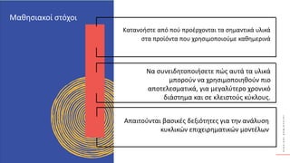 Κ
Υ
Κ
Λ
Ι
Κ
Ο
Ί
Δ
Η
Μ
Ι
Ο
Υ
Ρ
Γ
Ο
Ί
Κατανοήστε από πού προέρχονται τα σημαντικά υλικά
στα προϊόντα που χρησιμοποιούμε καθημερινά
Να συνειδητοποιήσετε πώς αυτά τα υλικά
μπορούν να χρησιμοποιηθούν πιο
αποτελεσματικά, για μεγαλύτερο χρονικό
διάστημα και σε κλειστούς κύκλους.
Απαιτούνται βασικές δεξιότητες για την ανάλυση
κυκλικών επιχειρηματικών μοντέλων
Μαθησιακοί στόχοι
 