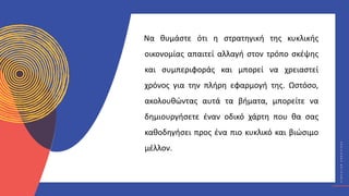 Κ
Υ
Κ
Λ
Ι
Κ
Ο
Ί
Δ
Η
Μ
Ι
Ο
Υ
Ρ
Γ
Ο
Ί
C
I
R
C
U
L
A
R
C
R
E
A
T
I
V
E
S
Να θυμάστε ότι η στρατηγική της κυκλικής
οικονομίας απαιτεί αλλαγή στον τρόπο σκέψης
και συμπεριφοράς και μπορεί να χρειαστεί
χρόνος για την πλήρη εφαρμογή της. Ωστόσο,
ακολουθώντας αυτά τα βήματα, μπορείτε να
δημιουργήσετε έναν οδικό χάρτη που θα σας
καθοδηγήσει προς ένα πιο κυκλικό και βιώσιμο
μέλλον.
 