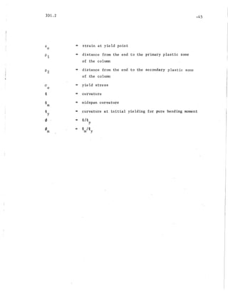 331.2 -45
€ = strain at yield point
0
PI = distance from the end to the primary plastic zone
of the column
Pz = distance from the end to the secondary plastic zone
of the column
CY == yield stress
0
~ = curvature
~ = midspan curvature
m
~ == curvature at initial yielding for pure bending· moment
y
0 == ~/~
y.
0 = ~ /~
m m y
 