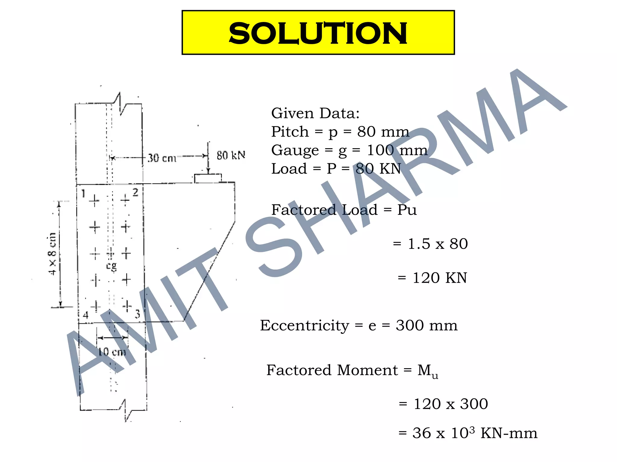 Given Data:
Pitch = p = 80 mm
Gauge = g = 100 mm
Load = P = 80 KN
Factored Load = Pu
Eccentricity = e = 300 mm
Factored Moment = Mu
SOLUTION
= 1.5 x 80
= 120 KN
= 120 x 300
= 36 x 103 KN-mm
 