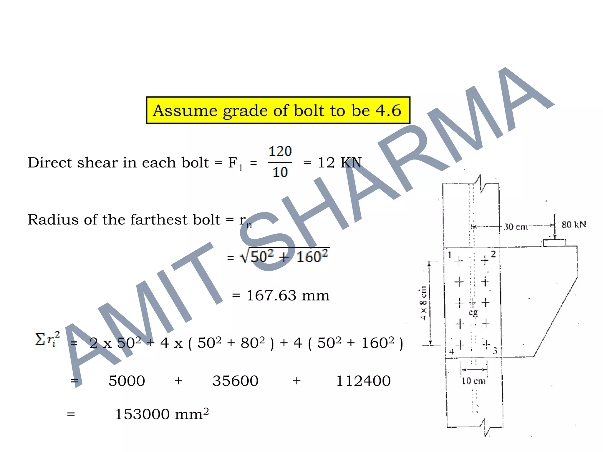 Assume grade of bolt to be 4.6
Direct shear in each bolt = F1 = = 12 KN
Radius of the farthest bolt = rn
=
= 167.63 mm
= 2 x 502 + 4 x ( 502 + 802 ) + 4 ( 502 + 1602 )
= 5000 + 35600 + 112400
= 153000 mm2
 