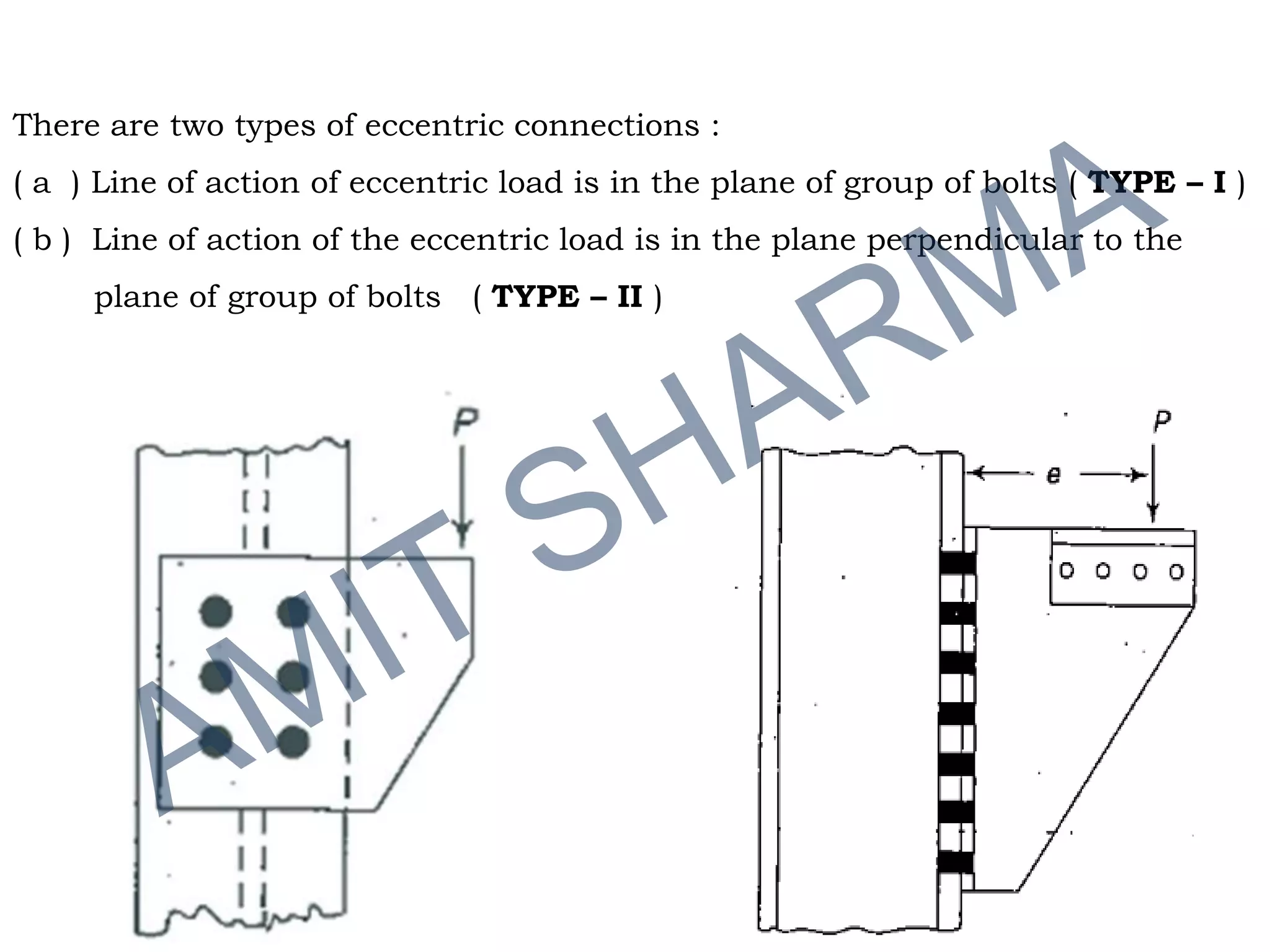 There are two types of eccentric connections :
( a ) Line of action of eccentric load is in the plane of group of bolts ( TYPE – I )
( b ) Line of action of the eccentric load is in the plane perpendicular to the
plane of group of bolts ( TYPE – II )
 