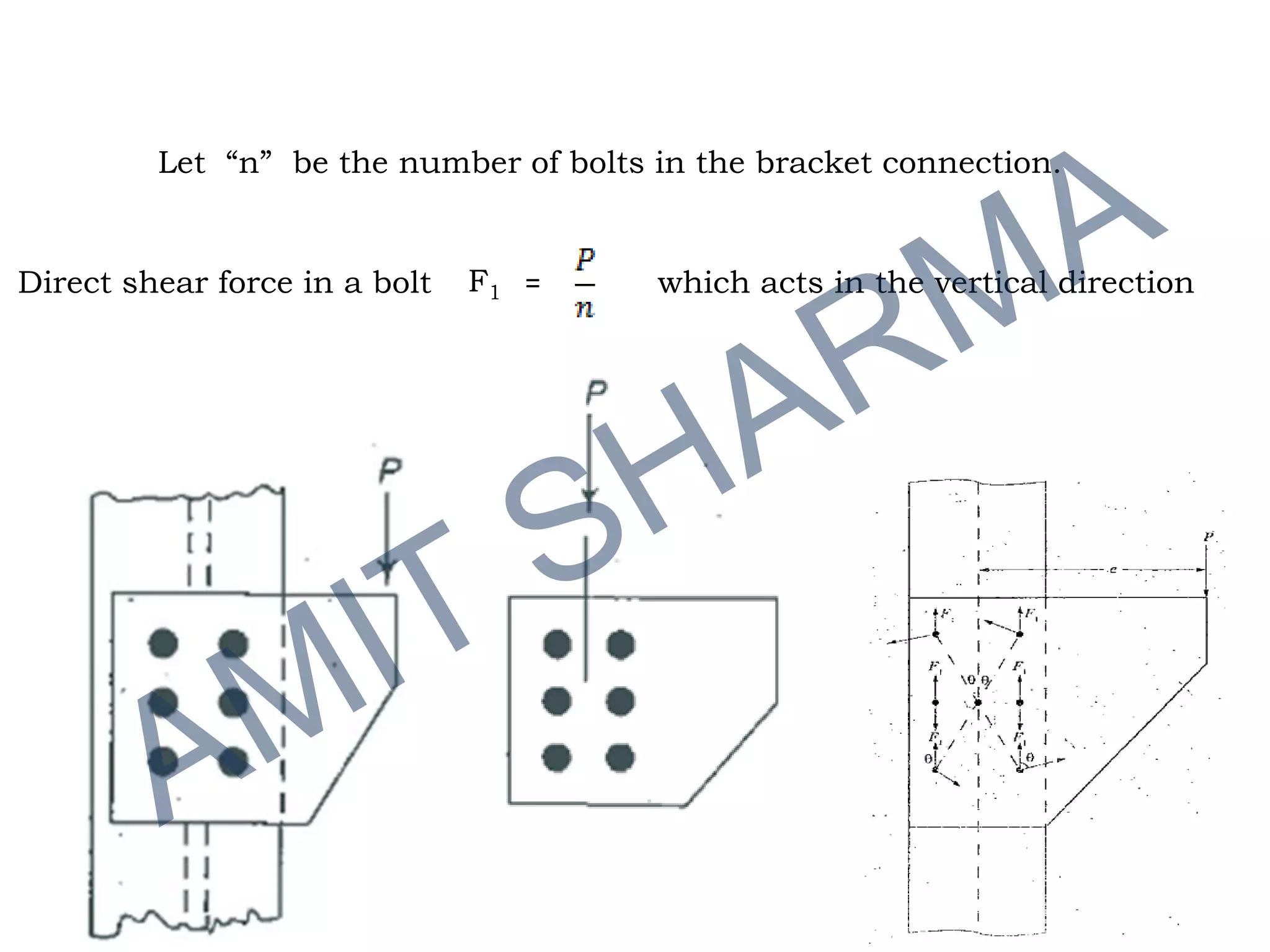 Let “n” be the number of bolts in the bracket connection.
Direct shear force in a bolt F1 = which acts in the vertical direction
 