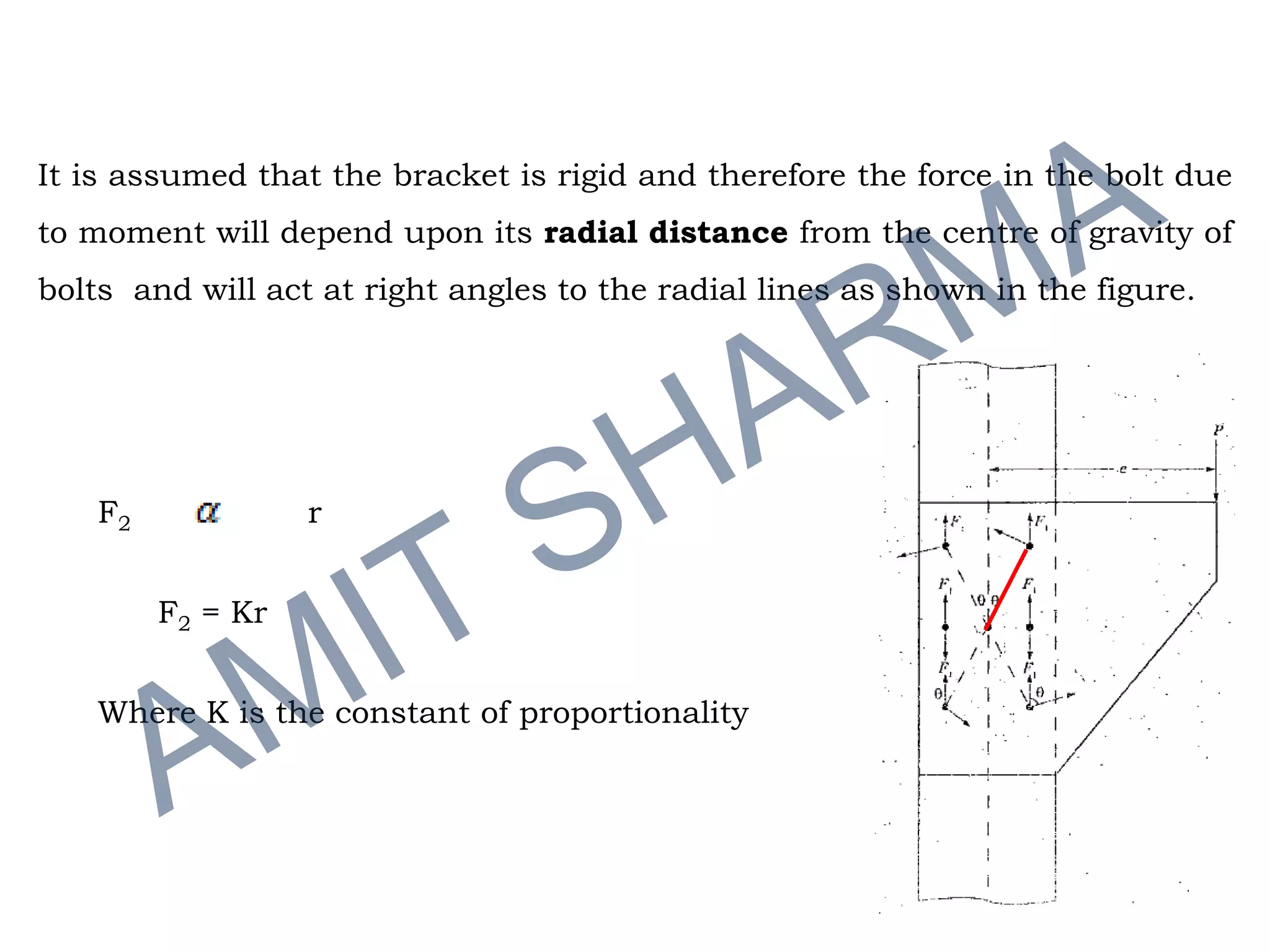 It is assumed that the bracket is rigid and therefore the force in the bolt due
to moment will depend upon its radial distance from the centre of gravity of
bolts and will act at right angles to the radial lines as shown in the figure.
F2 r
F2 = Kr
Where K is the constant of proportionality
 
