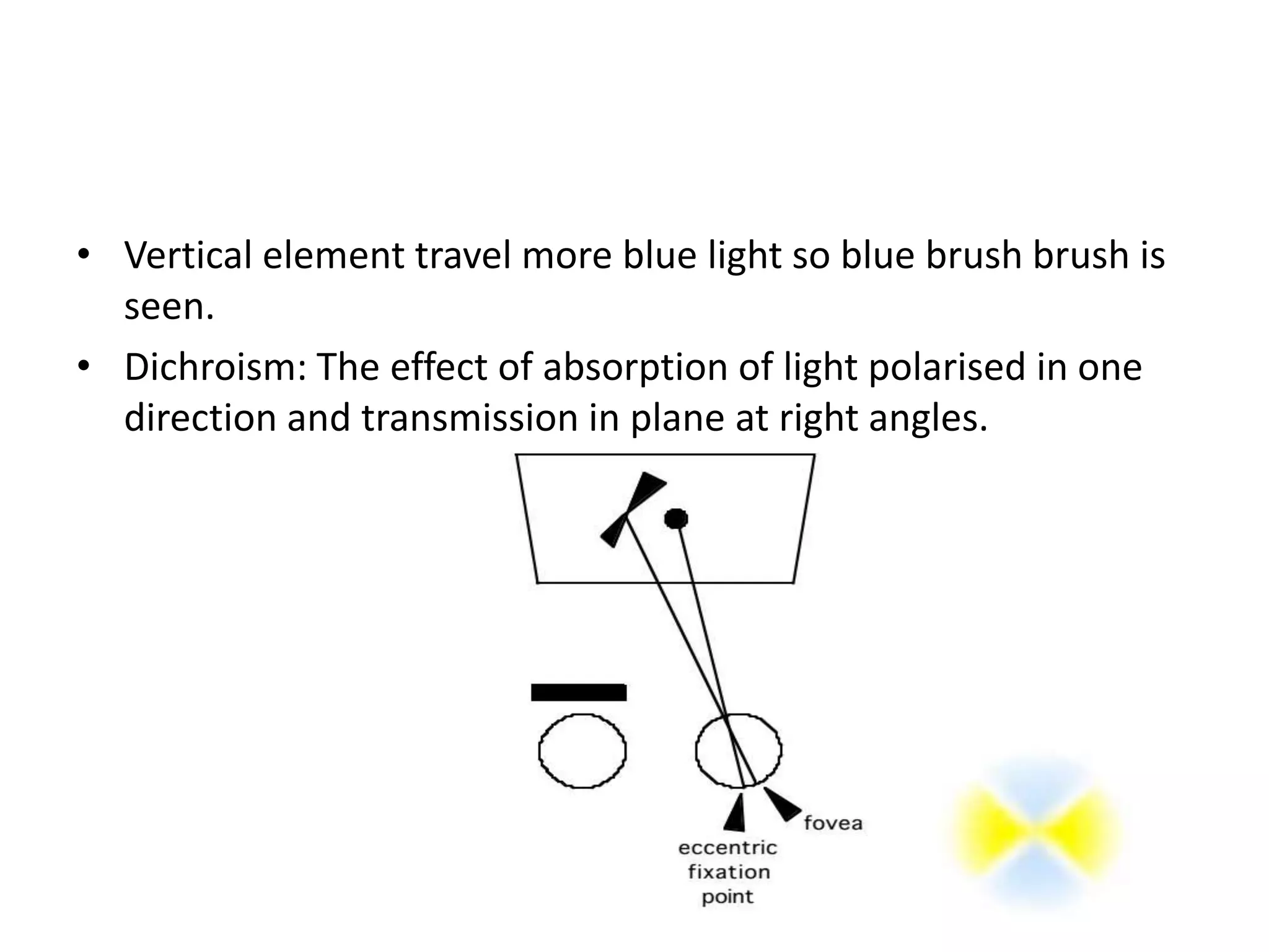 • Vertical element travel more blue light so blue brush brush is
seen.
• Dichroism: The effect of absorption of light polarised in one
direction and transmission in plane at right angles.
 