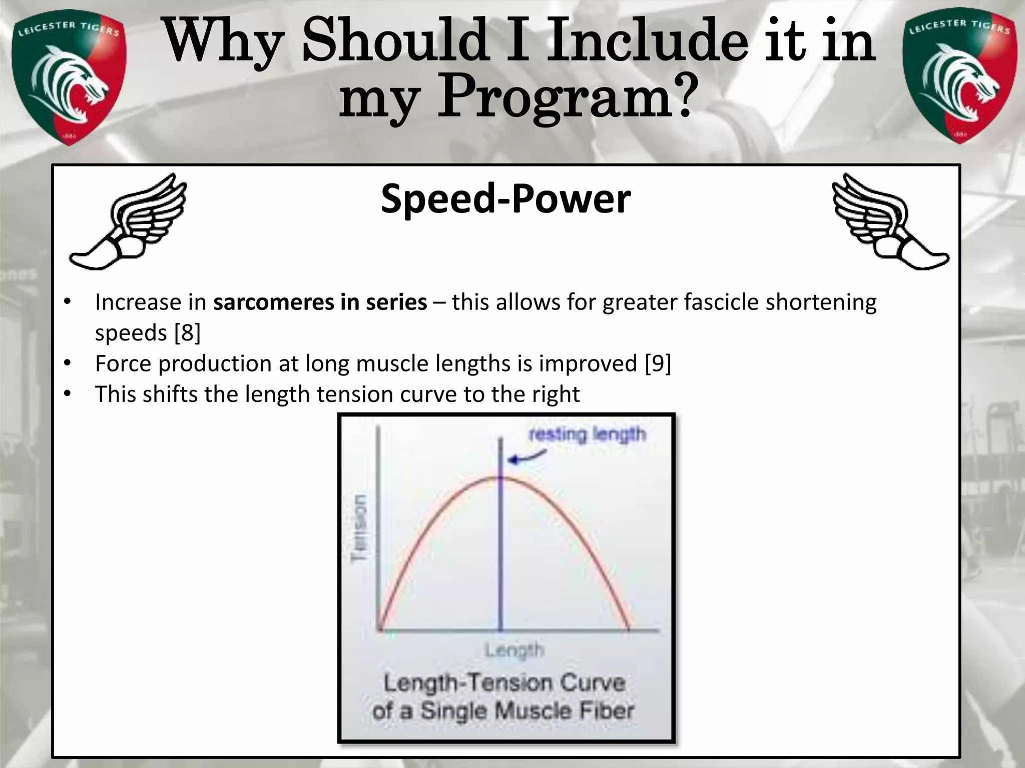 Pete Burridge
Leicester Tigers Academy S & C Coach
M
Why Should I Include it in
my Program?
Speed-Power
• Increase in sarcomeres in series – this allows for greater fascicle shortening
speeds [8]
• Force production at long muscle lengths is improved [9]
• This shifts the length tension curve to the right
 