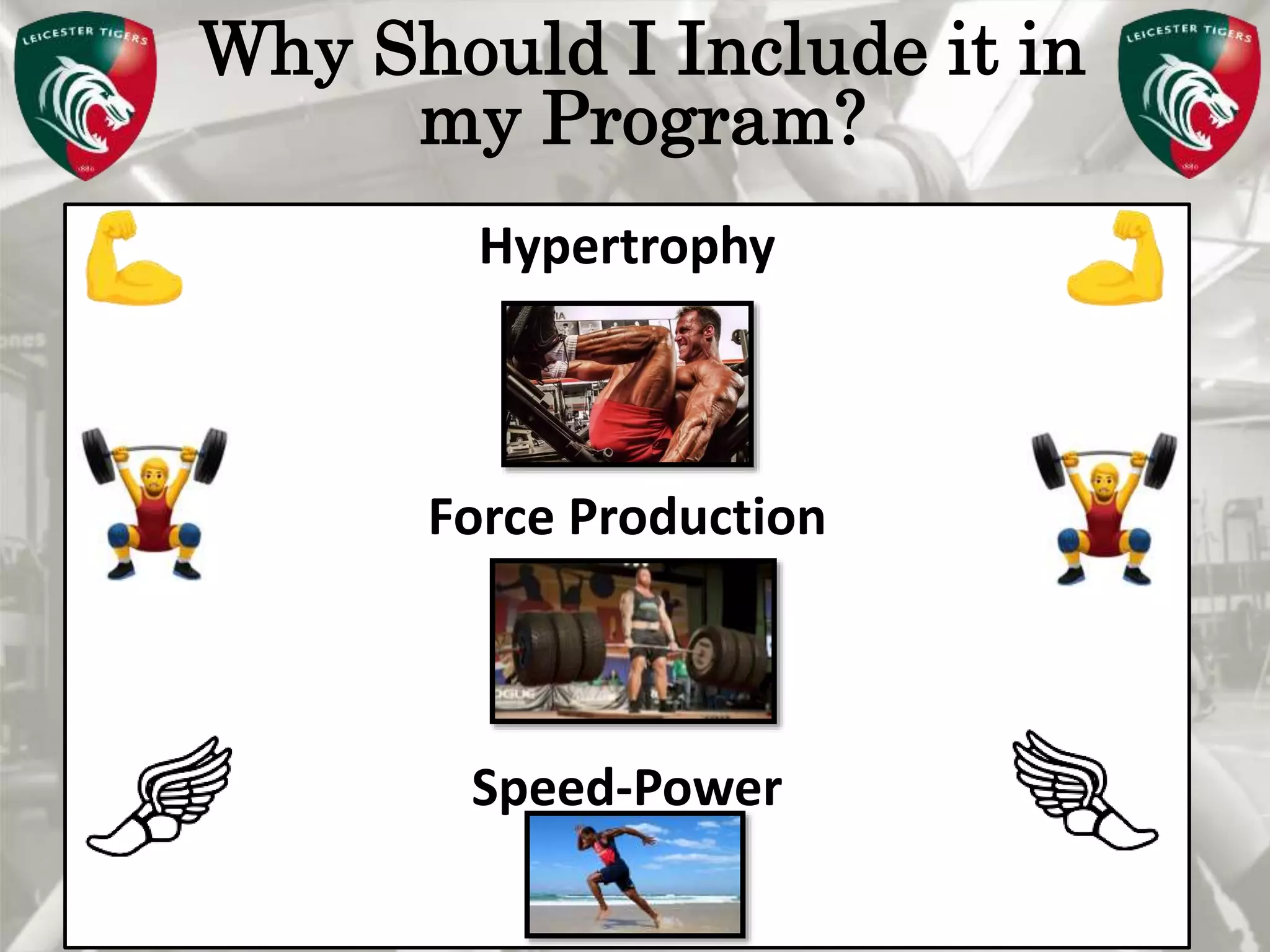 Pete Burridge
Leicester Tigers Academy S & C Coach
M
Why Should I Include it in
my Program?
Hypertrophy
Force Production
Speed-Power
 