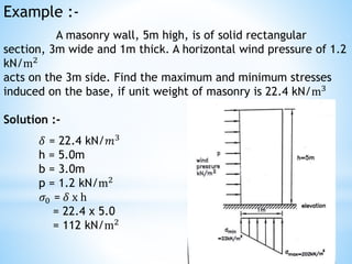 Example :-
A masonry wall, 5m high, is of solid rectangular
section, 3m wide and 1m thick. A horizontal wind pressure of 1.2
kN/m2
acts on the 3m side. Find the maximum and minimum stresses
induced on the base, if unit weight of masonry is 22.4 kN/m3
Solution :-
𝛿 = 22.4 kN/𝑚3
h = 5.0m
b = 3.0m
p = 1.2 kN/m2
𝜎0 = 𝛿 x h
= 22.4 x 5.0
= 112 kN/m2
 