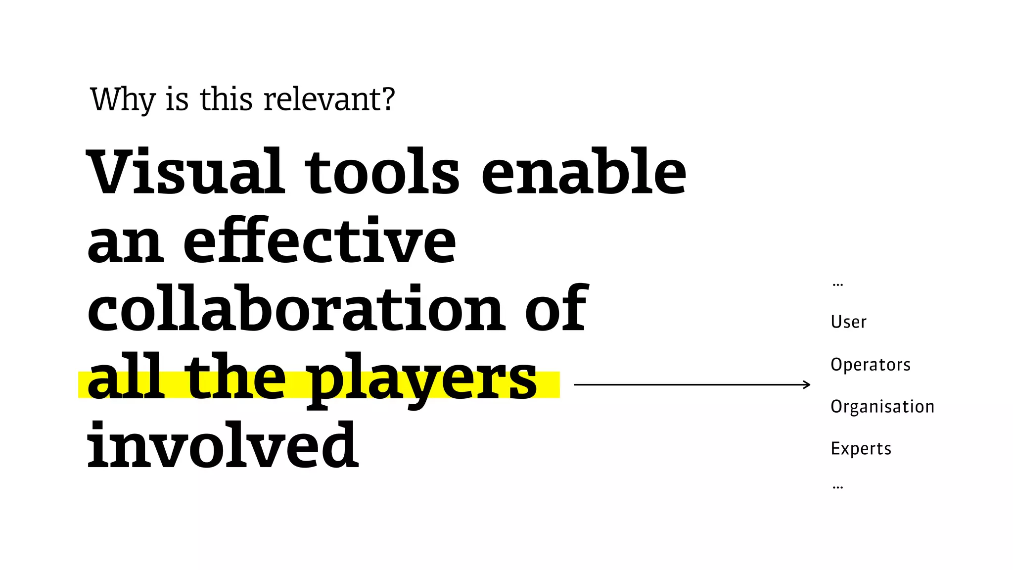 frog
Why is this relevant?
Visual tools enable
an effective
collaboration of  
all the players
involved
User
Operators
Organisation
Experts
…
…
 