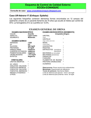 Esquema de Control de Calidad Externo
ECCEx-CONAQUIC
Consulta de caso: www.uroanalisisconaquic.blogspot.com
Caso UR-febrero-17 (Enfoque: Epitelio)
Las siguientes fotografías contienen elementos formes encontrados en 12 campos del
sedimento urinario de un paciente femenino de 70 años que acudió al médico por control de
DT2. La hemoglobina A1c se cuantificó en 12.5%.
EXAMEN GENERAL DE ORINA
EXAMEN MACROSCÓPICO EXAMEN MICROSCÓPICO (SEDIMENTO)
COLOR Amarillo Uroepitelio (Origen)
ASPECTO Ligero turbio URETRAL *
SEDIMENTO Moderado (Uretra)
UROTELIO *
EXAMEN QUÍMICO (Vejiga, uréteres, pelvis renal)
DENSIDAD 1.020 RENAL *
pH 6.0 (Túbulos renales)
GLUCOSA 500 mg/dl LEUCOCITOS *
PROTEINAS 30 mg/dl PIOCITOS *
HEMOGLOBINA negativos ERITROCITOS (normórficos) *
CUERPOS CETONICOS negativos (dismórficos) *
PIGMENTOS BILIARES negativos BACTERIAS (en comunidad) *
UROBILINOGENO > 0.2 mg/dl BACTERIAS (planctónicas) *
NITRITOS Negativos PARASITOS *
FUNGURIA *
CRISTALURIA FILAMENTOS DE MUCINA *
URATOS AMORFOS * PROTEINA UROMUCOIDE *
AC. URICO * CILINDROS *
OXALATOS CALCICOS *
FOSFATOS AMORFOS * Observaciones: Primer micción de la mañana/rutina
FOSFATOS CALCICOS * Metodología: Espectrometría de reflectancia
FOSFATOS AMONICOS * Tinción de sedimento: Sternheimer-Malbin
RIESGO LITOGENICO * Límite de referencia para glucosa: menor a 20 mg/dl
OTROS: Límite de referencia para proteínas: menor 20 mg/dl
 