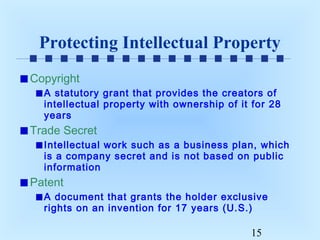 Protecting Intellectual Property
Copyright
A statutory grant that provides the creators of
intellectual property with ownership of it for 28
years

Trade Secret
Intellectual work such as a business plan, which
is a company secret and is not based on public
information

Patent
A document that grants the holder exclusive
rights on an invention for 17 years (U.S.)

15

 