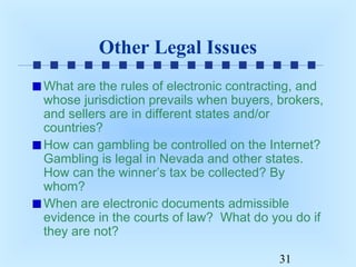 Other Legal Issues
What are the rules of electronic contracting, and
whose jurisdiction prevails when buyers, brokers,
and sellers are in different states and/or
countries?
How can gambling be controlled on the Internet?
Gambling is legal in Nevada and other states.
How can the winner’s tax be collected? By
whom?
When are electronic documents admissible
evidence in the courts of law? What do you do if
they are not?
31

 