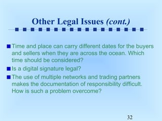 Other Legal Issues (cont.)
Time and place can carry different dates for the buyers
and sellers when they are across the ocean. Which
time should be considered?
Is a digital signature legal?
The use of multiple networks and trading partners
makes the documentation of responsibility difficult.
How is such a problem overcome?

32

 