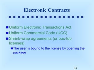 Electronic Contracts
Uniform Electronic Transactions Act
Uniform Commercial Code (UCC)
Shrink-wrap agreements (or box-top
licenses)
The user is bound to the license by opening the
package

33

 