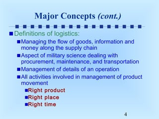 Major Concepts (cont.)
Definitions of logistics:

Managing the flow of goods, information and
money along the supply chain
Aspect of military science dealing with
procurement, maintenance, and transportation
Management of details of an operation
All activities involved in management of product
movement
Right product
Right place
Right time

4

 