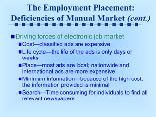The Employment Placement:
Deficiencies of Manual Market (cont.)
Driving forces of electronic job market

Cost—classified ads are expensive
Life cycle—the life of the ads is only days or
weeks
Place—most ads are local; nationwide and
international ads are more expensive
Minimum information—because of the high cost,
the information provided is minimal
Search—Time consuming for individuals to find all
relevant newspapers

 