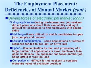 The Employment Placement:
Deficiencies of Manual Market (cont.)
Driving forces of electronic job market (cont.)
Finding applicants—during pre-Internet era, job seekers

did not place ads about their availability making it
difficult for companies to find employees with special
skills
Matching—it was difficult to match candidates to open
jobs, supply and demand
Lost and dated material— some applications or letters of
response tended to get lost, or arrive late

Speed—communication by mail and processing of a

large number of applications is slow; employers lose
good employees, the applicant had taken another job
being afraid to wait too long
Comparisons—difficult for job seekers to compare
monetary value of available positions

 