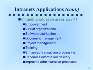 Intranets Applications (cont.)
Intranet application areas (cont.)
Empowerment
Virtual organizations
Software distribution
Document management
Project management
Training
Enhanced transaction processing
Paperless information delivery
Improved administrative processes
15

 