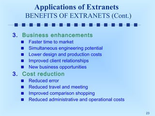 Applications of Extranets
BENEFITS OF EXTRANETS (Cont.)
3. Business enhancements

Faster time to market
Simultaneous engineering potential
Lower design and production costs
Improved client relationships
New business opportunities

3. Cost reduction

Reduced error
Reduced travel and meeting
Improved comparison shopping
Reduced administrative and operational costs
23

 