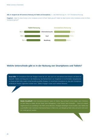 Mobile Commerce in Deutschland




Abb. 8: Vergleich der M-Commerce-Nutzung mit Tablet und Smartphone, n = 244 (Tablet-Nutzung); N = 1.011 (Smartphone-Nutzung).

Fragetext: „Haben Sie diese Funktion schon mindestens einmal mit Ihrem Tablet genutzt?/ Haben Sie diese Funktion schon mindestens einmal mit Ihrem
Smartphone genutzt?“




                                     Tablet-Nutzung                                Smartphone-Nutzung

                       83,2 %                               Informationssuche                                     82,4 %


                        79,9 %                                      Kauf                                      77,6 %


                           70,1 %                               Bezahlung                                61,8 %




Welche Unterschiede gibt es in der Nutzung von Smartphones und Tablets?




     Ercan Kilic: Ein Smartphone führt der Shopper immer bei sich, also auch vor und während des Einkaufs und damit im
     Geschäft. Tablets sind bequemer in der Bedienung. Das Recherchieren von Angeboten ist komfortabler, beispielsweise
     zu Hause auf dem Sofa, zudem ist die Darstellung größer (Display). Ein Vorteil beim Smartphone ist, dass dem Smartphone
     eindeutig ein Nutzer zugeordnet werden kann. Tablets hingegen nutzen auch mehrere Personen.




                        Maike Strudthoff: Viele Smartphone-Besitzer haben ihr Telefon Tag und Nacht immer dabei: beim Frühstück,
                        auf dem Weg zur Arbeit, bei der Arbeit, beim Mittagessen, in der Freizeit, beim Einkaufen … Kaum ein anderer
                        Gegenstand ist so zuverlässig in der Nähe seines Besitzers. Hingegen bestätigen neuere Studien, dass Tablets fast
                        ausschließlich über stationäre Internetanschlüsse im Netz sind, zum Beispiel auf dem Sofa und somit nicht wirk-
                        lich mobil genutzt werden.




20
 