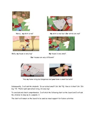 ‘Marco, my shirt is red’ ‘My shirt is red too! Our shirts are red!’
‘Molly, my house is very big!’ ‘My house is very small’.
‘Our houses are very different!’
‘Yes, my home is big but dangerous and your home is small but safe!’
Subsequently, I will ask the students: ‘Is our school small?’ SA: No! TQ: ‘How is it then?’ SA: ’It’s
big.’ TA: ‘That’s right our school is big, it’s very big!
To conclude and check comprehension, I will stick the following chart on the board and I will ask
the children to help me to complete it.
The chart will remain on the board to be used as visual support for future activities.
 
