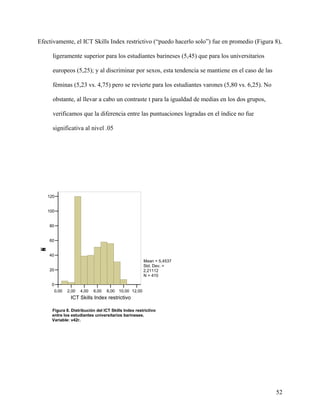 Efectivamente, el ICT Skills Index restrictivo (“puedo hacerlo solo”) fue en promedio (Figura 8),
ligeramente superior para los estudiantes barineses (5,45) que para los universitarios
europeos (5,25); y al discriminar por sexos, esta tendencia se mantiene en el caso de las
féminas (5,23 vs. 4,75) pero se revierte para los estudiantes varones (5,80 vs. 6,25). No
obstante, al llevar a cabo un contraste t para la igualdad de medias en los dos grupos,
verificamos que la diferencia entre las puntuaciones logradas en el índice no fue
significativa al nivel .05

120
100
80

s
a
i
n
u
c
e
r
F

60
40
Mean = 5,4537
Std. Dev. =
2,21112
N = 410

20
0
0,00

2,00

4,00

6,00

8,00 10,00 12,00

ICT Skills Index restrictivo
Figura 8. Distribución del ICT Skills Index restrictivo
entre los estudiantes universitarios barineses.
Variable: v42r.

52

 