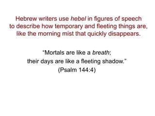 Hebrew writers use hebel in figures of speech
to describe how temporary and fleeting things are,
like the morning mist that quickly disappears.
“Mortals are like a breath;
their days are like a fleeting shadow.”
(Psalm 144:4)
 