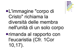 L'immagine "corpo di Cristo" richiama la diversità delle membra nell'unità di un solo corpo  rimanda al rapporto con l'eucaristia (Cfr. 1Cor 10,17). 