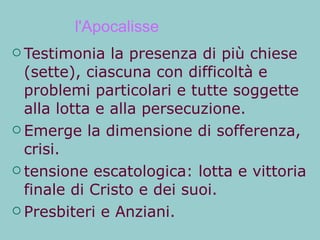 l'Apocalisse Testimonia la presenza di più chiese (sette), ciascuna con difficoltà e problemi particolari e tutte soggette alla lotta e alla persecuzione. Emerge la dimensione di sofferenza, crisi. tensione escatologica: lotta e vittoria finale di Cristo e dei suoi. Presbiteri e Anziani.  