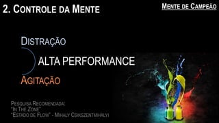 2. CONTROLE DA MENTE MENTE DE CAMPEÃO
DISTRAÇÃO
ALTA PERFORMANCE
AGITAÇÃO
PESQUISA RECOMENDADA:
“IN THE ZONE”
“ESTADO DE FLOW” - MIHALY CSIKSZENTMIHALYI
 