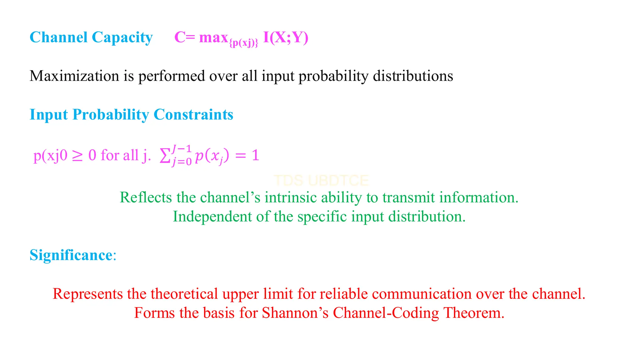 Channel Capacity C= max{p(xj)} I(X;Y)
Maximization is performed over all input probability distributions
Input Probability Constraints
p(xj0 ≥ 0 for all j. σ𝑗=0
𝐽−1
𝑝 𝑥𝑗 = 1
Reflects the channel’s intrinsic ability to transmit information.
Independent of the specific input distribution.
Significance:
Represents the theoretical upper limit for reliable communication over the channel.
Forms the basis for Shannon’s Channel-Coding Theorem.
 