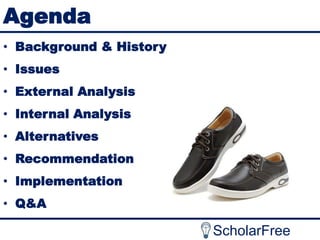 Agenda
• Background & History
• Issues

• External Analysis
• Internal Analysis
• Alternatives
• Recommendation
• Implementation
• Q&A

ScholarFree

 