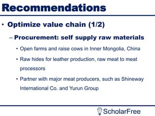 Recommendations
• Optimize value chain (1/2)
– Procurement: self supply raw materials
• Open farms and raise cows in Inner Mongolia, China
• Raw hides for leather production, raw meat to meat

processors
• Partner with major meat producers, such as Shineway
International Co. and Yurun Group

ScholarFree

 