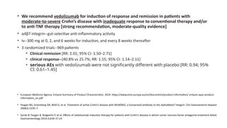 • We recommend vedolizumab for induction of response and remission in patients with
moderate-to-severe Crohn’s disease with inadequate response to conventional therapy and/or
to anti-TNF therapy [strong recommendation, moderate-quality evidence]
• α4β7 integrin--gut-selective anti-inflammatory activity
• Iv--300 mg at 0, 2, and 6 weeks for induction, and every 8 weeks thereafter
• 3 randomized trials--969 patients
• Clinical remission [RR: 2.01; 95% CI: 1.50–2.71]
• clinical response--[40.8% vs 25.7%; RR: 1.55; 95% CI: 1.14–2.11]
• serious AEs with vedolizumab were not significantly different with placebo [RR: 0.94; 95%
CI: 0.61–1.45]
• European Medicine Agency. Entyvio Summary of Product Characteristics. 2014. https://www.ema.europa.eu/en/documents/product-information/ entyvio-epar-product-
information_en.pdf
• Feagan BG, Greenberg GR, Wild G, et al. Treatment of active Crohn’s disease with MLN0002, a humanized antibody to the alpha4beta7 integrin. Clin Gastroenterol Hepatol
2008;6:1370–7
• Sands B, Feagan B, Rutgeerts P, et al. Effects of vedolizumab induction therapy for patients with Crohn’s disease in whom tumor necrosis factor antagonist treatment failed.
Gastroenterology 2014;3;618–27.e3
 
