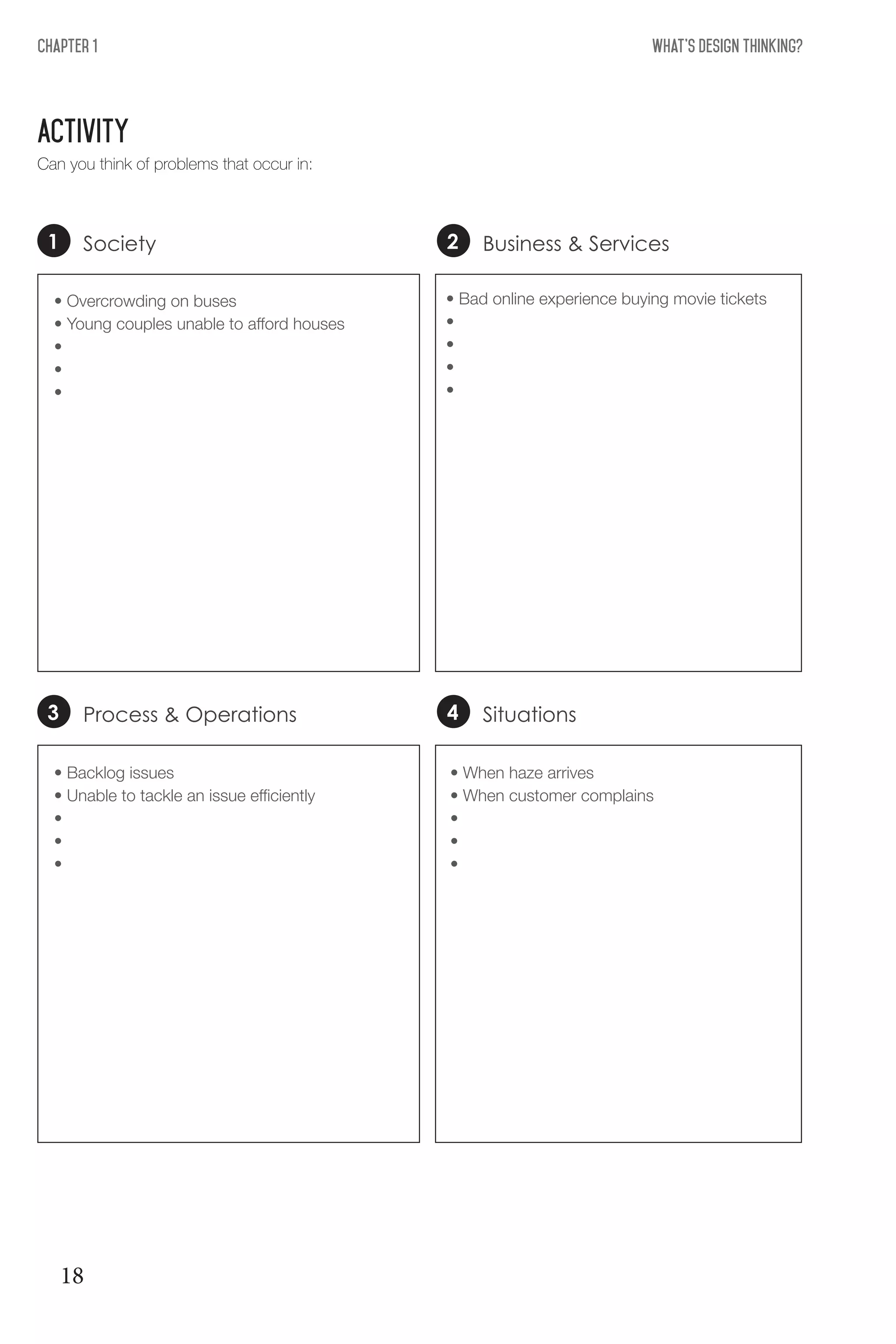 What's Design THinking?Chapter 1
ACTIVITY
Can you think of problems that occur in:
Society
Process & Operations
Business & Services
Situations
1
3
2
4
• Overcrowding on buses
• Young couples unable to afford houses
•
•
•
• Backlog issues
• Unable to tackle an issue efficiently
•
•
•
• When haze arrives
• When customer complains
•
•
•
• Bad online experience buying movie tickets
•
•
•
•
18
 
