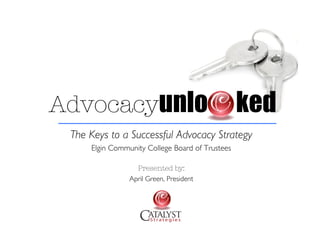 Advocacyunlo                                     ked
 The Keys to a Successful Advocacy Strategy
     Elgin Community College Board of Trustees

                  Presented by:
                April Green, President
 