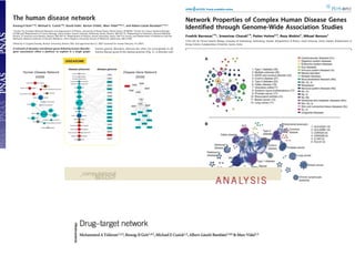 The human disease network                                                                                                                                                                                 Network Properties of Complex Human Disease Genes
Kwang-Il       Goh*†‡§,           Michael E.            Cusick†‡¶,    David   Valleʈ,     Barton   Childsʈ,   Marc   Vidal†‡¶**,                ´   ´
                                                                                                                                    and Albert-Laszlo            ´
                                                                                                                                                            Barabasi*†‡**
*Center for Complex Network Research and Department of Physics, University of Notre Dame, Notre Dame, IN 46556; †Center for Cancer Systems Biology
                                                                                                                                                                                                          Identified through Genome-Wide Association Studies
(CCSB) and ¶Department of Cancer Biology, Dana–Farber Cancer Institute, 44 Binney Street, Boston, MA 02115; ‡Department of Genetics, Harvard Medical
School, 77 Avenue Louis Pasteur, Boston, MA 02115; §Department of Physics, Korea University, Seoul 136-713, Korea; and ʈDepartment of Pediatrics and the                                                  Fredrik Barrenas1.*, Sreenivas Chavali1., Petter Holme2,3, Reza Mobini1, Mikael Benson1
McKusick–Nathans Institute of Genetic Medicine, Johns Hopkins University School of Medicine, Baltimore, MD 21205
                                                                                                                                                                                                                                                                                                                             ˚                ˚
                                                                                                                                                                                                          1 The Unit for Clinical Systems Biology, University of Gothenburg, Gothenburg, Sweden, 2 Department of Physics, Umea University, Umea, Sweden, 3 Department of
Edited by H. Eugene Stanley, Boston University, Boston, MA, and approved April 3, 2007 (received for review February 14, 2007)                                                                            Energy Science, Sungkyunkwan University, Suwon, Korea
A network of disorders and disease genes linked by known disorder–                                   known genetic disorders, whereas the other set corresponds to all
gene associations offers a platform to explore in a single graph-                                    known disease genes in the human genome (Fig. 1). A disorder and
theoretic framework all known phenotype and disease gene associ-                                     a gene are then connected by a link if mutations in that gene are                                         Abstract
ations, indicating the common genetic origin of many diseases. Genes                                 implicated in that disorder. The list of disorders, disease genes, and
                                                               DISEASOME
associated with similar disorders show both higher likelihood of                                     associations between them was obtained from the Online Mende-                                             Background: Previous studies of network properties of human disease genes have mainly focused on monogenic diseases
physical interactions between their products and higher expression                                   lian Inheritance in Man (OMIM; ref. 18), a compendium of human                                            or cancers and have suffered from discovery bias. Here we investigated the network properties of complex disease genes
proﬁling similarity for their transcripts, supporting the existence of                               disease genes and phenotypes. As of December 2005, this list                                              identified by genome-wide association studies (GWAs), thereby eliminating discovery bias.
distinct disease-speciﬁc functional modules. Wedisease phenome    ﬁnd that essential                   disease genome
                                                                                                     contained 1,284 disorders and 1,777 disease genes. OMIM initially
          Human Disease Network
human genes are likely to encode hub proteins and are expressed                                                                Disease Gene Network                                                            Principal findings: We derived a network of complex diseases (n = 54) and complex disease genes (n = 349) to explore the
                                                                      Ataxia-telangiectasia
                                                                                                     focused on AR monogenic disorders but in recent years has expanded
                                (HDN)
widely in most tissues. This suggests that disease genes hypospadias  Perineal also would
                                                                     Androgen insensitivity
                                                                                                                                              (DGN)
                                                                                                     to include complex traits and the associated genetic mutations that
                                                                                                                  ATM
                                                                                                                                                                                                               shared genetic architecture of complex diseases. We evaluated the centrality measures of complex disease genes in
play a central role in the human interactome. In contrast, we ﬁnd that                               confer susceptibility to these common disorders (18). Although this                                       comparison with essential and monogenic disease genes in the human interactome. The complex disease network showed
                                                                  T-cell lymphoblastic leukemia
the vast majority of disease genes are nonessential and show no
               Charcot-Marie-Tooth disease
                                                                   Papillary serous carcinoma
                                                                                                                BRCA1
                                                                                                     history introduces some biases, LMNA the disease gene record is far
                                                                                                                                         and HEXB                                                              that diseases belonging to the same disease class do not always share common disease genes. A possible explanation could
tendency to encode hubLipodystrophy and their expression pattern indi-
                                       proteins,                                                                BRCA2
                                                                                                     from complete, OMIM represents the most complete and up-to-
                                                                                                                                 ALS2
                                                                                                                                                                                                               be that the variants with higher minor allele frequency and larger effect size identified using GWAs constitute disjoint parts




                                                                                                                                                                                       APPLIED PHYSICAL
                                                                          Prostate cancer
cates that ataxia/paraplegia localized paraplegia syndrome
       Spastic
               they are Silver spastic in the functional periphery of the                                        CDH1                                      BSCL2
                                                                                                     date repository of all known VAPBdisease genes and the disorders they                                     of the allelic spectra of similar complex diseases. The complex disease gene network showed high modularity with the size




                                                                                                                                                                                           SCIENCES
network. A selection-basedSandhoff disease    model explains the observed difference
                                                                           Ovarian cancer                                                      GARS
      Amyotrophic lateral sclerosis                                                                  confer. We manually classified each disorder into one of 22 disorder
                                                                                                                 GARS
                                                                                                                                                                                                               of the largest component being smaller than expected from a randomized null-model. This is consistent with limited sharing
between essential and disease genes and also suggests that diseases
                                                                             Lymphoma                classes based on the physiological system affected [see supporting
                                                                                                                 HEXB
                                                                                                                                                                                                               of genes between diseases. Complex disease genes are less central than the essential and monogenic disease genes in the
caused by somatic mutations should not be peripheral, a prediction
                           Spinal muscular atrophy
                                                                                                     information (SI) Text, SI Fig. 5, and SI Table 1 for details].
                                                                                                                 KRAS                               AR
                                                                                                                                                                                                               human interactome. Genes associated with the same disease, compared to genes associated with different diseases, more
we conﬁrm for cancer genes. insensitivity
                                      Androgen
                Prostate cancer
                                                                            Breast cancer               Starting LMNA the diseasome bipartite graph we generated two
                                                                                                                  from                           ATM                                                           often tend to share a protein-protein interaction and a Gene Ontology Biological Process.
                                  Perineal hypospadias
biological networks ͉ complex networks ͉ human genetics Pancreatic cancer
                                                        ͉ systems
                                                                                                     biologically relevant network projections (Fig. 1). In the ‘‘human
                                                                                                                 MSH2                   BRIP1
                                                                                                                                                           BRCA2


biology ͉ diseasome             Lymphoma
                                                                                                     disease network’’ (HDN) nodes represent disorders, and two
                                                                                                                PIK3CA                                       BRCA1                                             Conclusions: This indicates that network neighbors of known disease genes form an important class of candidates for
                       Wilms tumor
                                     Breast cancer
                                                          Wilms tumor
                                                                                                     disorders are connected to each otherKRAS
                                                                                                                 TP53                  RAD54L
                                                                                                                                                  if they share at least one gene                              identifying novel genes for the same disease.
                                                     Ovarian cancer
                                                                                                     in which mutations are associated with both        TP53 disorders (Figs. 1 and


D
                                                                         Spinal muscular atrophy
        ecades-long efforts to map human disease loci,Sandhoff disease
                  Pancreatic cancer                                          at first genet-                    MAD1L1
                                                                                                     2a). In the ‘‘disease gene network’’MAD1L1
                                                                                                                                              (DGN) nodes represent disease
        ically and later physically (1), followed by recent positional
                         Fanconi anemia
                                       Papillary serous carcinoma
                                                                            Lipodystrophy                         two
                                                                                                                                                              CHEK2
                                                                                                     genes, andRAD54L genes are connected if they are associated with the                                   Citation: Barrenas F, Chavali S, Holme P, Mobini R, Benson M (2009) Network Properties of Complex Human Disease Genes Identified through Genome-Wide
cloning of many disease T-cell lymphoblastic and genome-wide association
                                        genes (2) leukemia           Charcot-Marie-Tooth disease
                                                                                                                                                       PIK3CA
                                                                                                     same disorder (Figs. 1 and 2b). Next, we discuss the potential of
                                                                                                                 VAPB                                                                                       Association Studies. PLoS ONE 4(11): e8090. doi:10.1371/journal.pone.0008090
studies (3), have generated an impressive list of disorder–gene
                                     Ataxia-telangiectasia
                                                                                                     these networks to help us understand and MSH2
                                                                                                                CHEK2                          CDH1
                                                                                                                                                               represent in a single                        Editor: Thomas Mailund, Aarhus University, Denmark
association pairs (4, 5). In addition, recent efforts to map the      Amyotrophic lateral sclerosis
                                                                                                     frameworkBSCL2 known disease gene and phenotype associations.
                                                                                                                   all                                                                                      Received September 15, 2009; Accepted November 3, 2009; Published November 30, 2009
protein–protein interactions in humans (6, 7), together paraplegia syndrome
                                                                  Silver spastic
                                                                                 with efforts
                                                                                                                   ALS2
to curate an extensive map of human metabolism (8) and regulatory      Spastic ataxia/paraplegia                                                                                                            Copyright: ß 2009 Barrenas et al. This is an open-access article distributed under the terms of the Creative Commons Attribution License, which permits
                                                                                                    Properties BRIP1the HDN. If each human disorder tends to have a
                                                                                                                   of
networks offer increasingly detailed maps of theFanconi anemia                 relationships                                                                                                                unrestricted use, distribution, and reproduction in any medium, provided the original author and source are credited.
between different disease genes. Most of the successful studies                                     distinct and unique genetic origin, then the HDN would be dis-
                                                                                                    connected into many single nodes corresponding to specific disor-                                       Funding: This work was supported by the Swedish Research Council, The European Commission, The Swedish Foundation for Strategic Research (PH), and the
building on these new approaches have focused, however, on a                                                                                                                                                WCU (World Class University) program through the National Research Foundation of Korea funded by the Ministry of Education, Science and Technology R31-R31-
single disease, using network-based tools to gain a better under-                                   ders or grouped into small clusters of a few closely related disorders.                                 2008-000-10029-0 (PH). The funders had no role in study design, data collection and analysis, decision to publish, or preparation of the manuscript.
                                                                                                    In contrast, the obtained HDN displays many connections between
Fig. 1. Construction of the diseasome bipartite network. (Center) A small subset of OMIM-based disorder– disease gene associations (18), where circles and rectangles
standing of the relationship between the genes implicated in a
correspond to disorders and disease genes, respectively. A link is placed between a disorder and aindividual disorders and disorder classes (Fig. 2a). Of 1,284
                                                                                                             disease gene if mutations in that gene lead to the speciﬁc disorder.                           Competing Interests: The authors have declared that no competing interests exist.
selected circle is proportional to the number of genes participating in the corresponding both and the color corresponds to the disorder class to which the disease
The size of adisorder (9).                                                                          disorder,
belongs. (Left) The HDN a conceptually different approach, which two disorders are connected there
    Here we take projection of the diseasome bipartite graph, in exploring                          disorders, 867ifhave is a gene that is implicatedother disorders,ofand 516
                                                                                                                               at least one link to in both. The width                                      * E-mail: fredrik.barrenas@gu.se
a link is proportional to the number of genes and are implicated in both diseases. For example, three genes area giant component, cancer and prostate cancer, genetic
whether human genetic disorders that the corresponding disease                                      disorders form implicated in both breast suggesting that the                                            . These authors contributed equally to this work.
resulting in a link ofrelated to each other at a higher level of cellular andtwo genes are connected if they are involved in the same disorder.shared with other
genes might be weight three between them. (Right) The DGN projection where                          origins of most diseases, to some extent, are The width of
a link is proportional to the number of diseases with which the two genes are commonly diseases. A full number of genes associated with Fig. 13.
                                                                                                    associated. The diseasome bipartite map is provided as SI a disorder, s, has a
organismal organization. Support for the validity of this approach
is provided by examples of genetic disorders that arise from                                        broad distribution (see SI Fig. 6a), indicating that most disorders
                                                                                                    relate to a few disease genes, whereas a handful of phenotypes, such                                  Introduction                                                                       human interactome. A more recent report that evaluated the
a few otherin more than a singlefew phenotypes such as colon Formentary, gene-centered view of the diseasome. Given that the links
mutations disorders, whereas a gene (locus heterogeneity).                                                                                                                                                                                                                                   network properties of disease genes showed that genes with
cancer (linked to k ϭ 50 other disorders) orby mutations (k ϭ 30) atsignify deafnessphenotypicleukemia (s ϭ 37), and colon cancer (s ϭ 34),
example, Zellweger syndrome is caused breast cancer in any of                                       as related (s ϭ 41), association between two genes, they                                                 Systems Biology based approaches of studying human genetic                      intermediate degrees (numbers of neighbors) were more likely to
least 11 hubs that associated with peroxisome biogenesis (10).represent a to dozens of genes (Fig. 2a). The degree (k) distribution of
represent genes, all are connected to a large number of distinct                                    relate measure of their phenotypic relatedness, which could be
                                                                                                                                                                                                          diseases have brought in a shift in the paradigm of elucidating                    harbor germ-line disease mutations [12]. However, interpretation
disorders. The prominence of cancer among the most connected theusedHDN (SI Fig. 6b) in conjunction with protein–proteinlinked to only
Similarly, there are many examples of different mutations in                                          in future studies, indicates that most disorders are inter-                                         disease mechanisms from analyzing the effects of single genes to
disorders arises in part from the many clinically distinct cancercur-actions (6, 7, 19), transcription factor-promoter interactions (20),
same gene (allelic heterogeneity) giving rise to phenotypes                                                                                                                                                                                                                                  of this dataset might not be applicable to complex disease genes
                                                                                                                                                                                                          understanding the effect of molecular interaction networks. Such
subtypes tightly connected withdisorders. For example, mutations inand metabolic reactions (8), toM.V., and A.-L.B. designed research; K.-I.G. and M.E.C.
rently classified as different each other through common tumor
                                                                                                    Author contributions: D.V., B.C.,
                                                                                                                                      discover novel genetic interactions.                                                                                                                   since 97% of the disease genes were monogenic. Despite this
TP53 have been linked to 11 clinically distinguishable cancer-In the DGN, research;of 1,777 disease genes data; connected to other M.V., and
repressor genes such as TP53 and PTEN.                                                              performed 1,377 K.-I.G. and M.E.C. analyzed are and K.-I.G., M.E.C., D.V.,
                                                                                                                                                                                                          networks have been exploited to find novel candidate genes, based                  reservation, both the latter studies found a functional clustering of
related disorders (11). Given the highly interlinked internal orga-disease genes, and paper.
    Although the HDN layout was generated independently of any                                      A.-L.B. wrote the 903 genes belong to a giant component (Fig. 2b).                                    on the assumption that neighbors of a disease-causing gene in a                    disease genes. Another concern is that the above studies could be
knowledge on disorder classes,itthe resultingpossible to improve theWhereas the number of genesinterest.
nization of the cell (12–17), should be network is naturally                                        The authors declare no conﬂict of involved in multiple diseases de-                                   network are more likely to cause either the same or a similar                      confounded by discovery bias, in other words these disease genes
and visibly clustered accordingapproachdisorder classes. Yet, there
single gene–single disorder to major by developing a conceptualcreases article is a (SI Fig. 6d; light gray nodes in Fig. 2b), several
                                                                                                    This rapidly PNAS Direct Submission.                                                                  disease [1–14]. Initial studies investigating the network properties               were identified based on previous knowledge. By contrast,
framework to link systematically all genetic disorders (the humandisease genes (e.g., TP53, PAX6) are involved in as many as 10 GO, Gene
are visible differences between different classes of disorders.                                     Abbreviations: DGN, disease gene network; HDN, human disease network;                                 of human disease genes were based on cancers and revealed that
Whereas the large cancer cluster is tightly interconnected due to the(thedisorders, representing major hubs in the network. Pearson correlation coefﬁ-
‘‘disease phenome’’) with the complete list of disease genes
                                                                                                                                                                                                                                                                                             Genome Wide Association studies (GWAs) do not suffer from
                                                                                                    Ontology; OMIM, Online Mendelian Inheritance in Man; PCC,                                             up-regulated genes in cancerous tissues were central in the
many genes associated with multiple global view of (TP53, KRAS,
‘‘disease genome’’), resulting in a types of cancer the ‘‘diseasome,’’                              cient.
                                                                                                                                                                                                                                                                                             such bias [15].
ERBB2, NF1, etc.) of all known several diseases with strong pre-                                    **To whom correspondence and DGN. To probe how the topology
the combined set and includes disorder/disease gene associations.Functional Clustering of HDN may be addressed. E-mail: alb@nd.edu or marc࿝vidal@                                                         interactome and highly connected (often referred to as hubs)                          In this study, we have derived networks of complex diseases and
disposition to cancer, such as Fanconi anemia and ataxia telangi-    of thedfci.harvard.edu. GDN deviates from random, we randomly
                                                                              HDN and                                                                                                                     [1,2]. A subsequent study based on the human disease network                       complex disease genes to explore the shared genetic architecture of
 Results
ectasia, metabolic disorders do not appear to form a single distinct shuffledarticle contains supporting information online at www.pnas.org/cgi/content/full/
                                                                          This the associations between disorders and genes, while keep-                                                                  and disease gene network derived from the Online Mendelian                         complex diseases studied using GWAs. Further, we have evaluated
cluster but are underrepresented in constructed a bipartite graphing the number of links per each disorder and disease gene in the
 Construction of the Diseasome. We the giant component and                0701361104/DC1.                                                                                                                 Inheritance in Man (OMIM) demonstrated that the products of                        the topological and functional properties of complex disease genes
overrepresented in disjoint sets of nodes. One set corresponds to allbipartite network unchanged. Interestingly, the average size of the
 consisting of two the small connected components (Fig. 2a). To           © 2007 by The National Academy of Sciences of the USA                                                                           disease genes tended (i) to have more interactions with each other                 in the human interactome by comparing them with essential,
quantify this difference, we measured the locus heterogeneity of     giant component of 104 randomized disease networks is 643 Ϯ 16,
each disorder class and the fraction of disorders that are connected significantly larger than 516 (P Ͻ 10Ϫ4; for details of statistical                                                                  than with non-disease genes, (ii) to be expressed in the same tissues              monogenic and non-disease genes. We observed that diseases
 www.pnas.org͞cgi͞doi͞10.1073͞pnas.0701361104
to each other in the HDN (see SI Text). We find that cancer and      analyses of the results reported hereafter, ͉see SI104 ͉ no. 21 ͉ 8685– 8690
                                                                                             PNAS ͉ May 22, 2007           vol. Text), the actual                                                         and (iii) to share Gene Ontology (GO) terms [8]. Contradicting                     belonging to the same disease class do not always show a tendency
neurological disorders show high locus heterogeneity and also        size of the HDN (SI Fig. 6c). Similarly, the average size of the giant                                                               earlier reports, this latter study demonstrated that the non-essential             to share common disease genes; the complex disease gene net-
represent the most connected disease classes, in contrast with       component from randomized gene networks is 1,087 Ϯ 20 genes,                                                                         human disease genes showed no tendency to encode hubs in the                       work shows high modularity comparable to that of the human
metabolic, skeletal, and multiple disorders that have low genetic    significantly larger than 903 (P Ͻ 10Ϫ4), the actual size of the DGN
heterogeneity and are the least connected (SI Fig. 7).               (SI Fig. 6e). These differences suggest important pathophysiological
                                                                     clustering of disorders and disease genes. Indeed, in the actual                                                                            PLoS ONE | www.plosone.org                                              1                           November 2009 | Volume 4 | Issue 11 | e8090
Properties of the DGN. In the DGN, two disease genes are connected   networks disorders (genes) are more likely linked to disorders
if they are associated with the same disorder, providing a comple-   (genes) of the same disorder class. For example, in the HDN there

8686 ͉ www.pnas.org͞cgi͞doi͞10.1073͞pnas.0701361104                                                                                                              Goh et al.
 