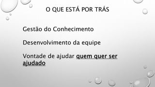 O QUE ESTÁ POR TRÁS
Gestão do Conhecimento
Desenvolvimento da equipe
Vontade de ajudar quem quer ser
ajudado
 
