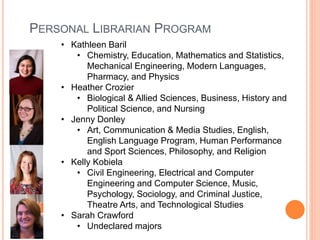 PERSONAL LIBRARIAN PROGRAM
• Kathleen Baril
• Chemistry, Education, Mathematics and Statistics,
Mechanical Engineering, Modern Languages,
Pharmacy, and Physics
• Heather Crozier
• Biological & Allied Sciences, Business, History and
Political Science, and Nursing
• Jenny Donley
• Art, Communication & Media Studies, English,
English Language Program, Human Performance
and Sport Sciences, Philosophy, and Religion
• Kelly Kobiela
• Civil Engineering, Electrical and Computer
Engineering and Computer Science, Music,
Psychology, Sociology, and Criminal Justice,
Theatre Arts, and Technological Studies
• Sarah Crawford
• Undeclared majors
 