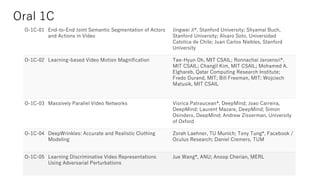 O-1C-01 End-to-End Joint Semantic Segmentation of Actors
and Actions in Video
Jingwei Ji*, Stanford University; Shyamal Buch,
Stanford University; Alvaro Soto, Universidad
Catolica de Chile; Juan Carlos Niebles, Stanford
University
O-1C-02 Learning-based Video Motion Magnification Tae-Hyun Oh, MIT CSAIL; Ronnachai Jaroensri*,
MIT CSAIL; Changil Kim, MIT CSAIL; Mohamed A.
Elghareb, Qatar Computing Research Institute;
Fredo Durand, MIT; Bill Freeman, MIT; Wojciech
Matusik, MIT CSAIL
O-1C-03 Massively Parallel Video Networks Viorica Patraucean*, DeepMind; Joao Carreira,
DeepMind; Laurent Mazare, DeepMind; Simon
Osindero, DeepMind; Andrew Zisserman, University
of Oxford
O-1C-04 DeepWrinkles: Accurate and Realistic Clothing
Modeling
Zorah Laehner, TU Munich; Tony Tung*, Facebook /
Oculus Research; Daniel Cremers, TUM
O-1C-05 Learning Discriminative Video Representations
Using Adversarial Perturbations
Jue Wang*, ANU; Anoop Cherian, MERL
Oral 1C
 