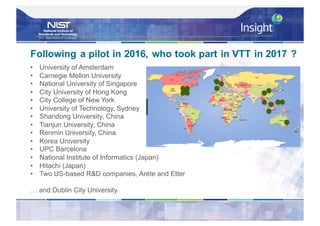 • University of Amsterdam
• Carnegie Mellon University
• National University of Singapore
• City University of Hong Kong
• City College of New York
• University of Technology, Sydney
• Shandong University, China
• Tianjun University, China
• Renmin University, China
• Korea University
• UPC Barcelona
• National Institute of Informatics (Japan)
• Hitachi (Japan)
• Two US-based R&D companies, Aréte and Etter
… and Dublin City University
Following a pilot in 2016, who took part in VTT in 2017 ?
17
 