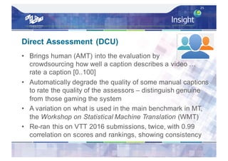 Direct Assessment (DCU)
• Brings human (AMT) into the evaluation by
crowdsourcing how well a caption describes a video …
rate a caption [0..100]
• Automatically degrade the quality of some manual captions
to rate the quality of the assessors – distinguish genuine
from those gaming the system
• A variation on what is used in the main benchmark in MT,
the Workshop on Statistical Machine Translation (WMT)
• Re-ran this on VTT 2016 submissions, twice, with 0.99
correlation on scores and rankings, showing consistency
25
 