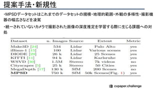提案手法・新規性
・MPSDデータセットはこれまでのデータセットの規模・地理的範囲・外観の多様性・撮影機
器の幅広さなどを凌駕
・統一されていないカメラで撮影された画像の深度推定を学習する際に生じる課題への対
処
 